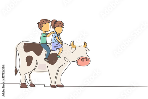 Single one line drawing happy little boy and girl riding cow together. Children sitting on back cow with saddle in ranch ground. Kids learning to ride cow. Continuous line draw design graphic vector