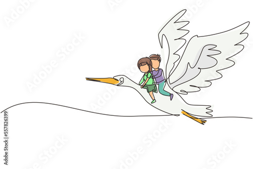 Single continuous line drawing happy little boy and girl flying with stork together. Children fly and sitting on back stork bird at sky. Kids learning to ride cute stork. One line draw graphic vector