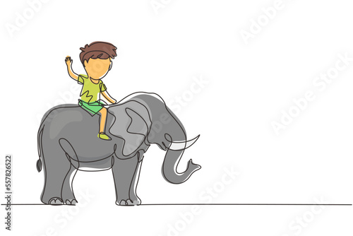 Single one line drawing happy little boy riding elephant. Child sitting on back elephant and travelling. Kids learning to ride elephant. Modern continuous line draw design graphic vector illustration