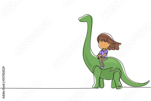 Single continuous line drawing little girl caveman riding brontosaurus. Young kid sitting on back of dinosaur. Ancient human life concept. Dynamic one line draw graphic design vector illustration © Simple Line