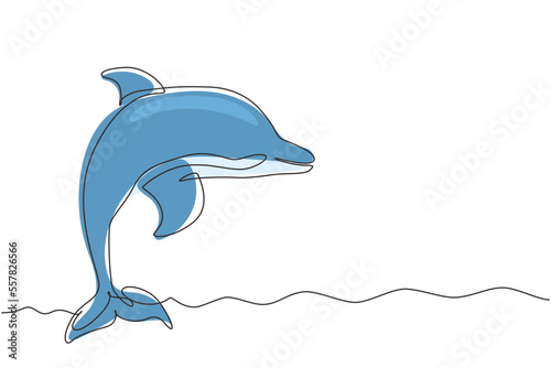 Single one line drawing cute dolphins. Cute blue dolphins, dolphin jumping and performing tricks with ball for entertainment show. Modern continuous line draw design graphic vector illustration