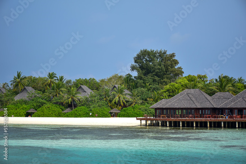 Maldives island landscape. Water, sand and greenery. Lush, tropical, vegetation, palm trees and bushes Shoreline with sandy beach. Wooden pathway pier. Walkway deck to private villas. Floating house