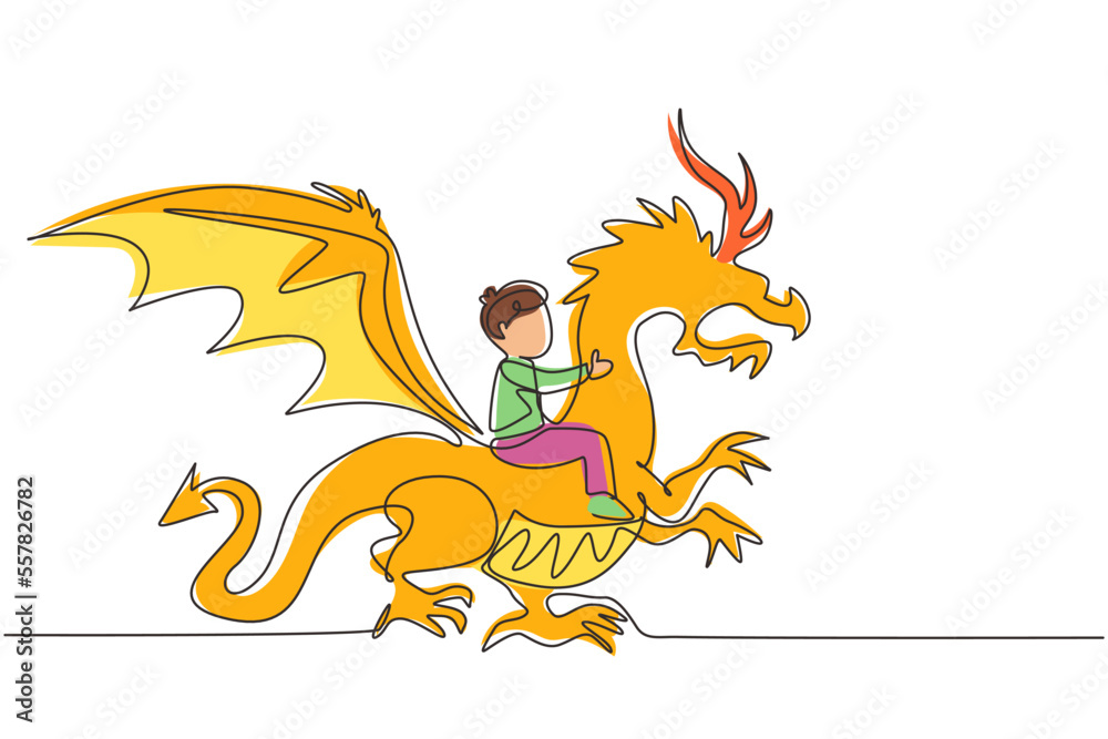 Fototapeta premium Continuous one line drawing happy little boy flying with fantasy dragon. Child fly and sitting on back dragon at the sky. Kids imaginary fairytale. Single line draw design vector graphic illustration