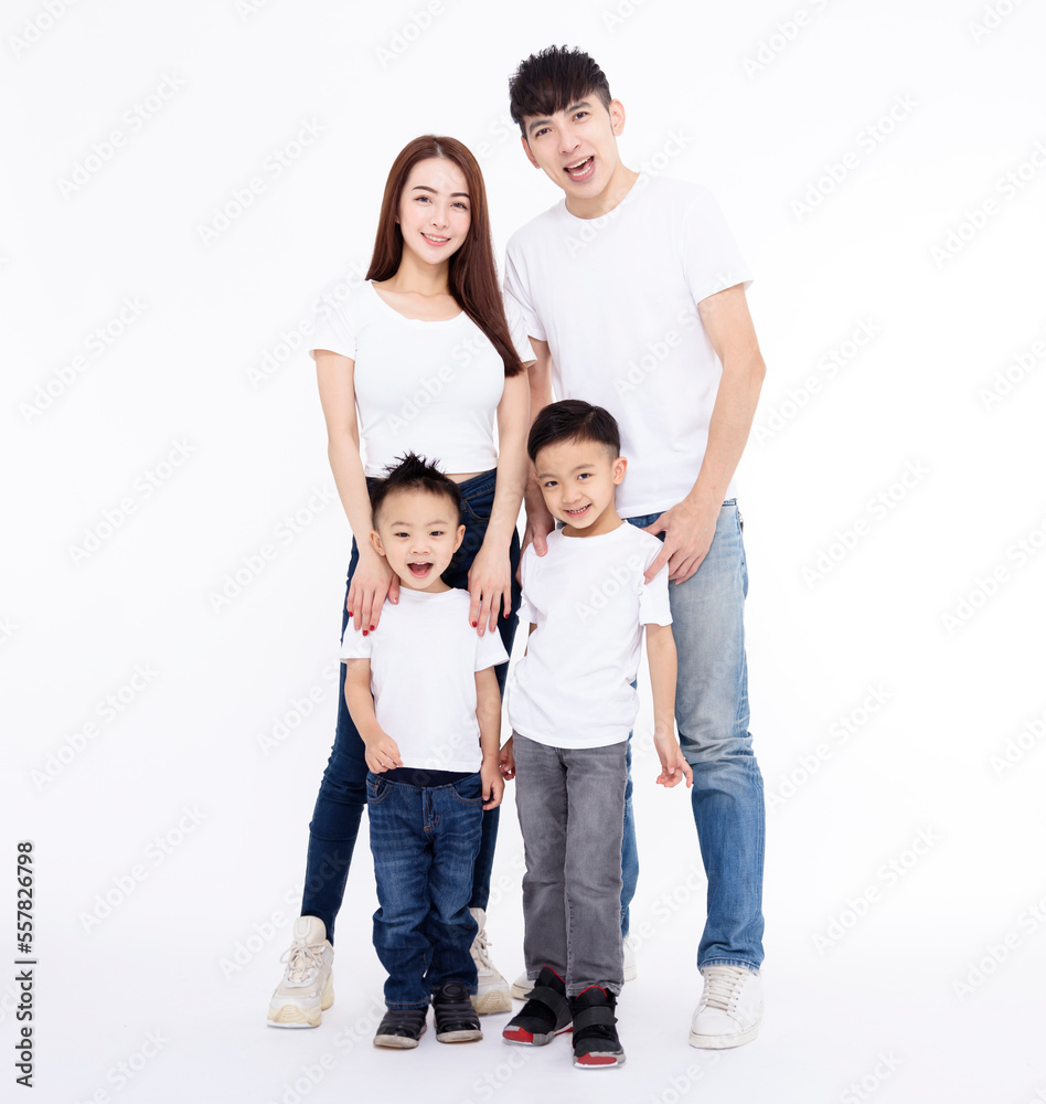 Happy Asian family standing together on white background Happy Asian family standing together on white background