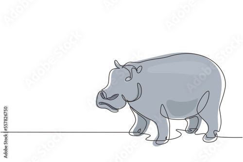 Single continuous line drawing big cute hippopotamus for company logo identity. Huge wild hippo animal mascot concept for national safari zoo. Dynamic one line draw graphic design vector illustration