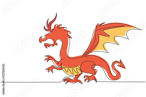 Continuous one line drawing fairy dragons. Funny fairytale dragon  magic lizard with wings and fire breathing serpent. Flying dragon medieval reptile. Single line design vector graphic illustration