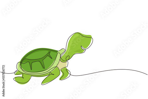 Single continuous line drawing turtle for marine company logo identity. Adorable creature reptile animal mascot concept for conservation foundation. One line draw graphic design vector illustration