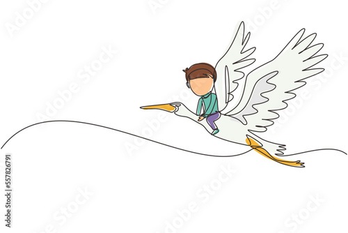 Single one line drawing happy little boy flying with stork. Child fly and sitting on back stork bird at sky. Kids learning to ride cute stork. Continuous line draw design graphic vector illustration