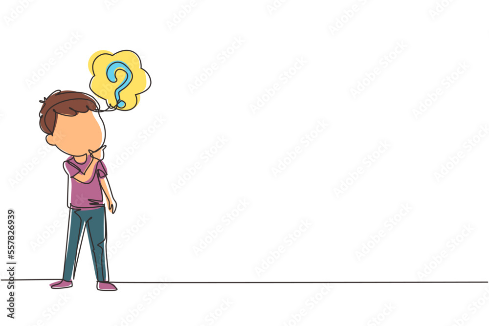 Continuous one line drawing cute boy thinking. Kids think creative idea. Bubble with question mark sign. Concept of learning and growing children. Single line draw design vector graphic illustration Continuous one line drawing cute boy thinking. Kids think creative idea. Bubble with question mark sign. Concept of learning and growing children. Single line draw design vector graphic illustration