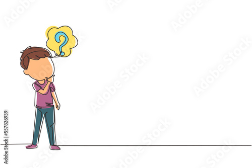 Continuous one line drawing cute boy thinking. Kids think creative idea. Bubble with question mark sign. Concept of learning and growing children. Single line draw design vector graphic illustration