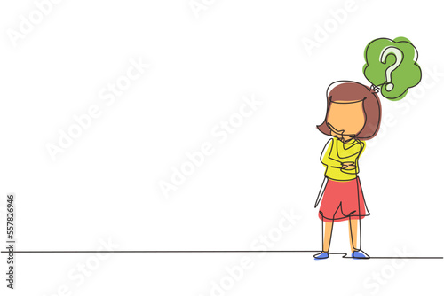 Single continuous line drawing cute girl thinking. Kids think creative idea. Bubble with question mark sign. Concept of learning and growing children. One line draw graphic design vector illustration