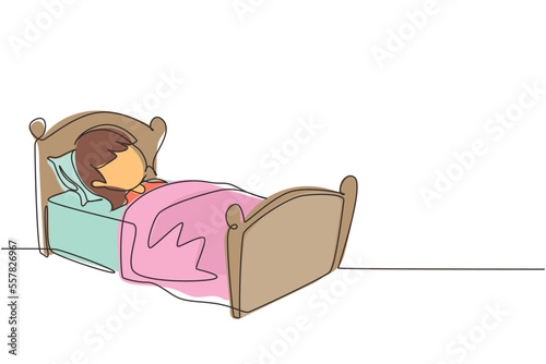 Single continuous line drawing cute girl sleeping on tonight dreams, good night and sweet dreams. Happy little child sleep in bed room. Kid sleeping. One line draw graphic design vector illustration