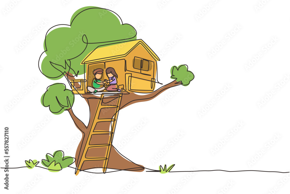 Single continuous line drawing child on tree house, little boy and girl