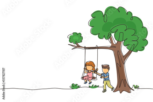 Continuous one line drawing happy boys and girls playing on tree swing. Cheerful kids on swinging under a tree. Cute children playing in playground. Single line draw design vector graphic illustration
