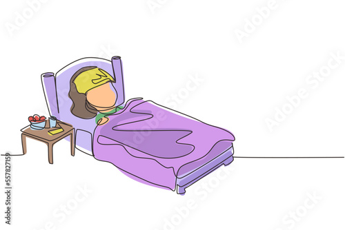 Single continuous line drawing sick girl with high fever. Child is sick with flu or coronavirus. Kid lying in bed feel so bad with fever. Healthcare symbol. Dynamic one line draw graphic design vector
