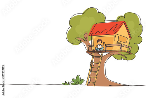 Continuous one line drawing child on tree house, little boy playing on children playground, treehouse with wooden ladder, place for kids games on summer. Single line design vector graphic illustration