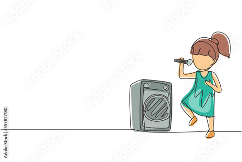 Continuous one line drawing happy cute little kid girl sing a song. Good performance and talent on stage. Beautiful melodic singing of children. Single line draw design vector graphic illustration
