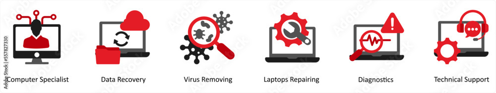 Six technology icons in red and black as computer specialist, data recovery, virus removing Six technology icons in red and black as computer specialist, data recovery, virus removing