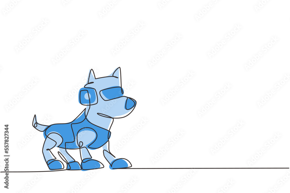 Naklejka premium Single continuous line drawing toy robot with intelligence robotic dog or artificial pet friend technology. High tech entertainment, childhood. Dynamic one line draw graphic design vector illustration