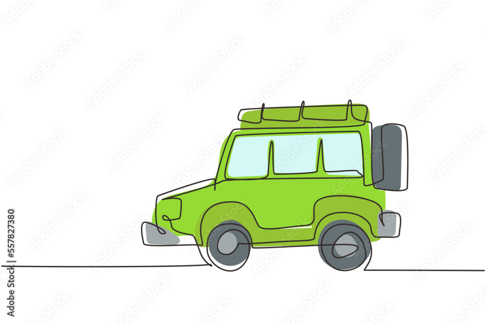 Continuous one line drawing car off road. Cartoon funny style. Side view. Beautiful automobile. Auto in flat design. Children's toy off road car. Single line draw design vector graphic illustration