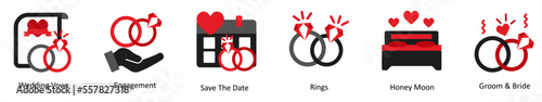 Six party icons in red and black as wedding vows, engagement, save the date