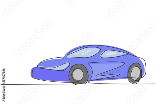 Single continuous line drawing elegant race car. Beautiful sports car boys favorite. Cars with reliable speed for racing. Racer transport concept. One line draw graphic design vector illustration