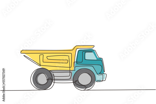 Single one line drawing dump truck toy. Heavy automobile for children's play. Auto in flat design. Kids toy dump truck transportation. Modern continuous line draw design graphic vector illustration
