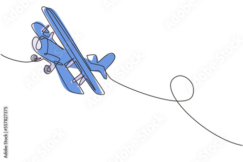 Continuous one line drawing vintage airplanes models. Retro motor aircraft with propeller icon. Monoplane and biplane planes. Air transportation. Single line draw design vector graphic illustration