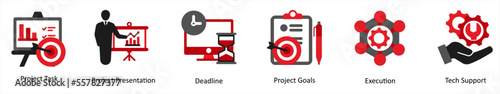 Six business icons in red and black as project task, project presentation, deadline