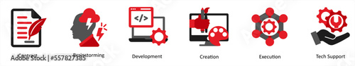 Six business icons in red and black as contract, brainstorming, development