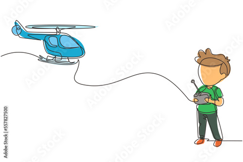 Continuous one line drawing boys playing with radio-controlled toy helicopter. Kids playing holding rc controllers. Smiling excited children with modern RC toys. Single line draw design vector graphic