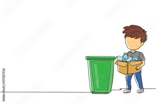 Continuous one line drawing boy gathering garbage and plastic waste for recycling. Kid picking up plastic bottles into garbage. Waste recycling for reuse. Single line draw design vector graphic