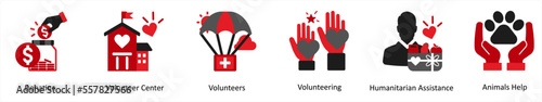 Six donation icons in red and black as donation, volunteer center, volunteers