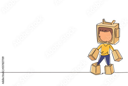 Continuous one line drawing cute boy play cardboard battle robot suit, cosplay male kid entertainment robotic costume. Children creative imagine idea, inventive fantasy. Single line draw design vector