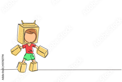 Continuous one line drawing cute girl play cardboard battle robot suit, cosplay female kid entertainment robotic costume. Children creative imagine idea, inventive fantasy. Single line draw design