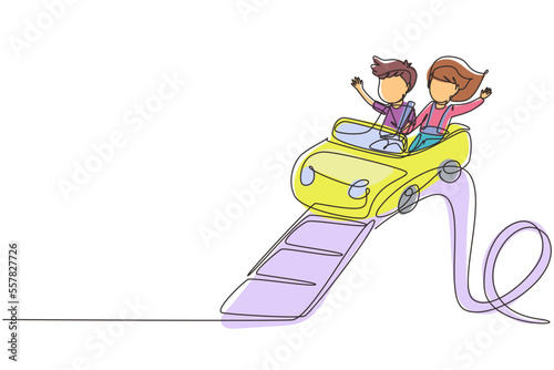 Single continuous line drawing kids on rollercoaster rides. Boy and girl riding fast at amusement rides, happy laughing or excited scared on amusement park. Dynamic one line draw graphic design vector