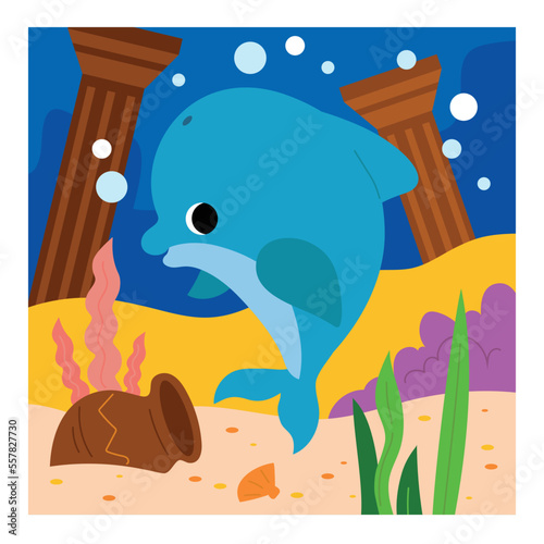 Cute dolphin and underwater city background. Cartoon vector illustration