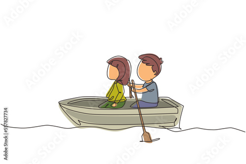 Single continuous line drawing little boy and girl riding on boat together. Kids riding on wooden boat at river. Kids rowing boat on lake. Happy children paddle boat. One line graphic design vector