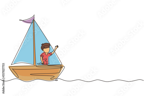 Single one line drawing smiling little boy in sailboat. Happy kids sailing boats. Cute little children on boat. Joyful adventures and travel. Continuous line draw design graphic vector illustration