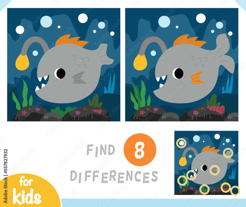 Find differences educational game for children, Cute monkfish and ...