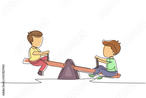 Continuous one line drawing two little boys swinging on seesaw. Kids having fun at playground. Cute kids playing seesaw together in kindergarten. Single line draw design vector graphic illustration