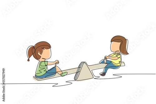 Continuous one line drawing two little girls swinging on seesaw. Kids having fun at playground. Cute kids playing seesaw together happily at park. Single line draw design vector graphic illustration