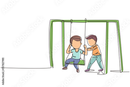 Single continuous line drawing cute little boy swinging on swing and his friend helped push from behind. Happy preschool kids friends playing together outside. Dynamic one line graphic design vector