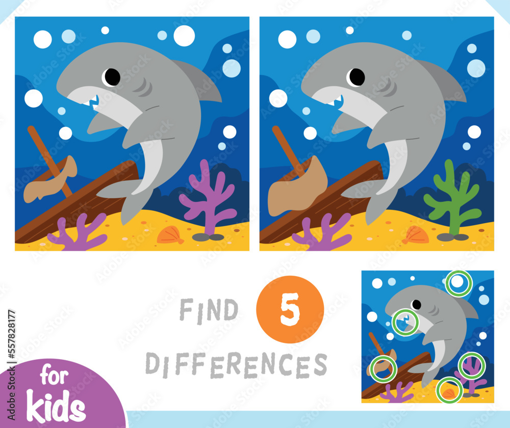 Find differences educational game for children, Cute shark and sunken ...