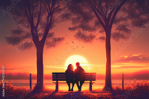 Couple hugging on a park bench while enjoying a beautiful sunset.