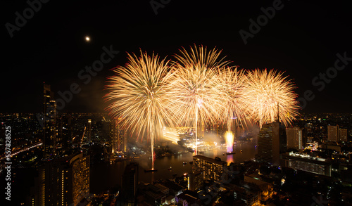 Spectacular fireworks display along the Chao Phraya River Bangkok, Thailand