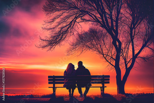 Couple hugging on a park bench while enjoying a beautiful sunset.