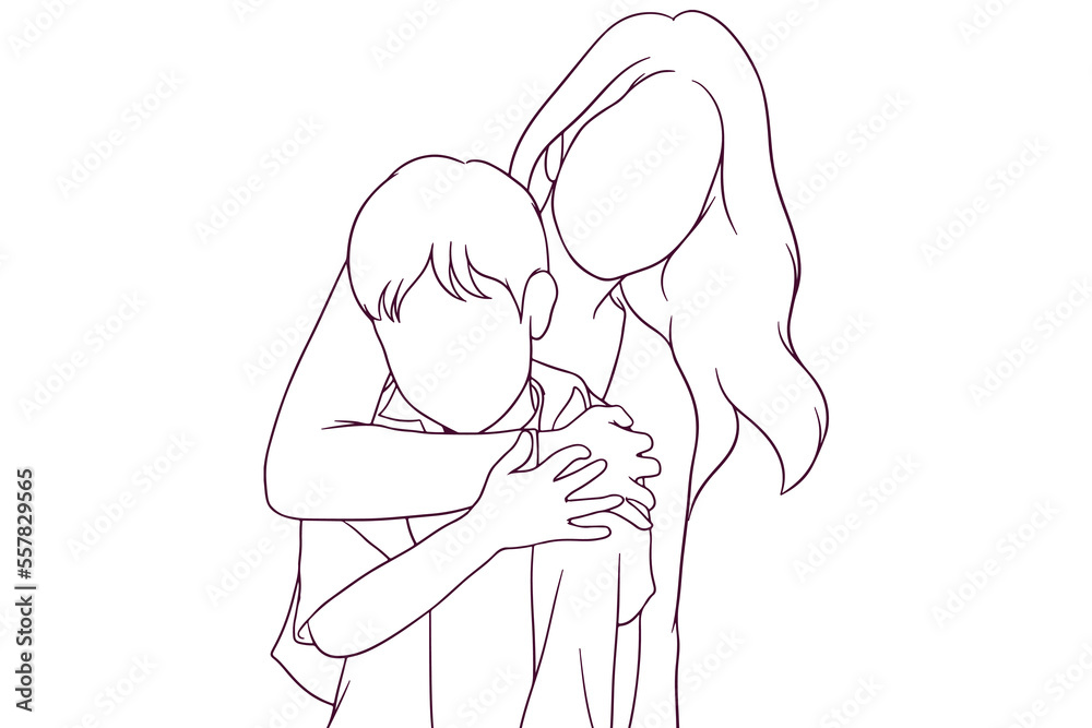 happy mom hugging her son hand drawn style vector illustration