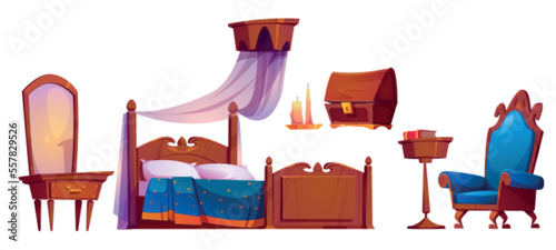 Set of antique furniture for royal room interior. Cartoon vector illustration of sophisticated bed, dressing table with mirror, armchair, book, candle and wooden chest isolated on white background