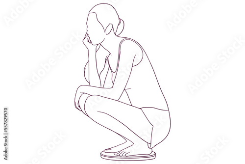 sad girl sitting on a scale hand drawn style vector illustration